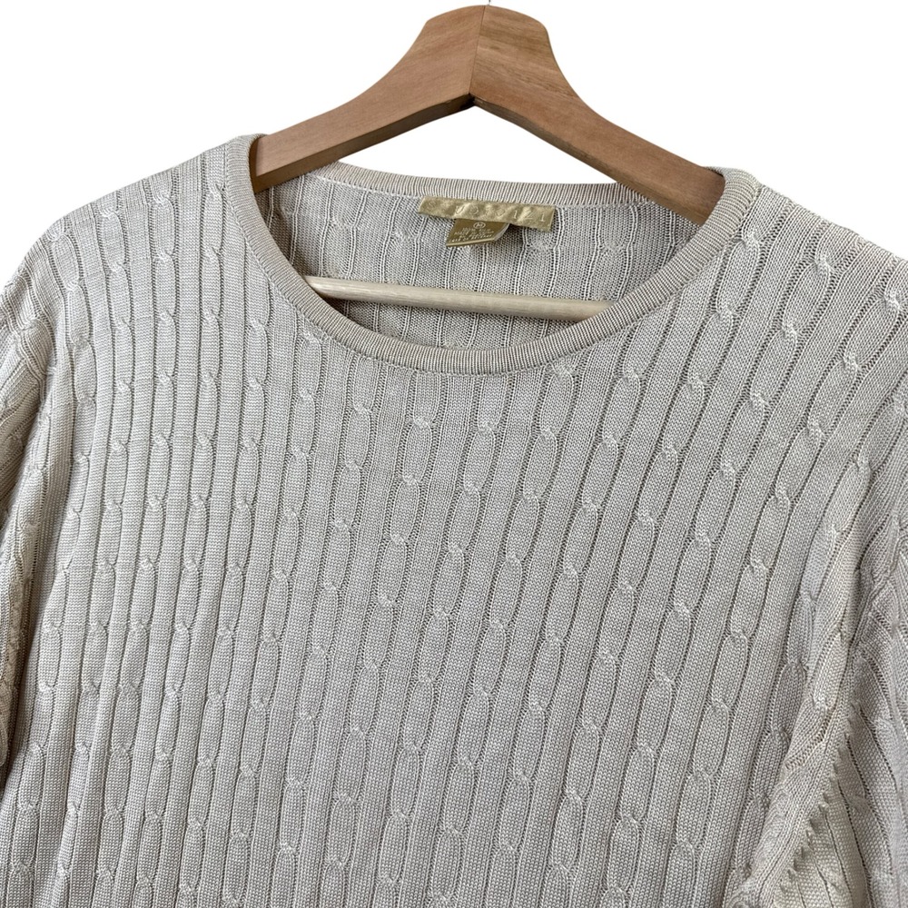 Studio 121 Womens M Beige 100% Silk Cable Knit Crew Neck Sweater Old Money